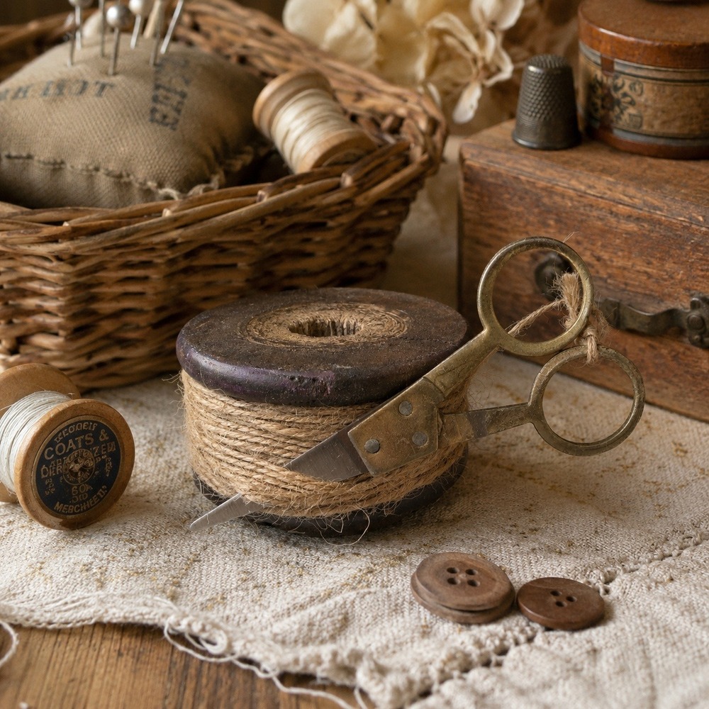 Primitive Flat Twine Wooden Spool & Scissors Rustic Farmhouse Decor